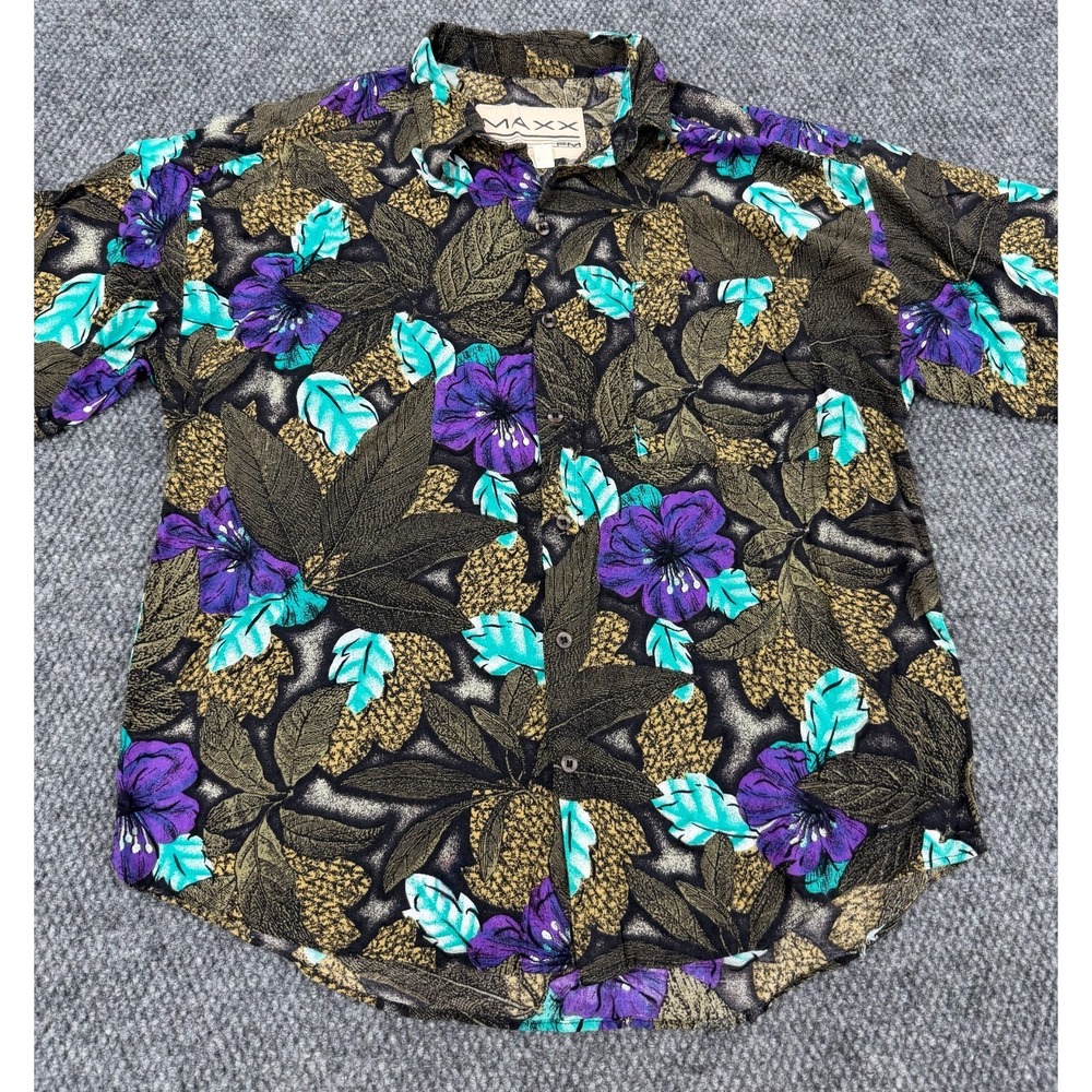 Vintage Maxx FM Men's Medium Multicolor Floral Rayon Button Shirt Casual 90s USA